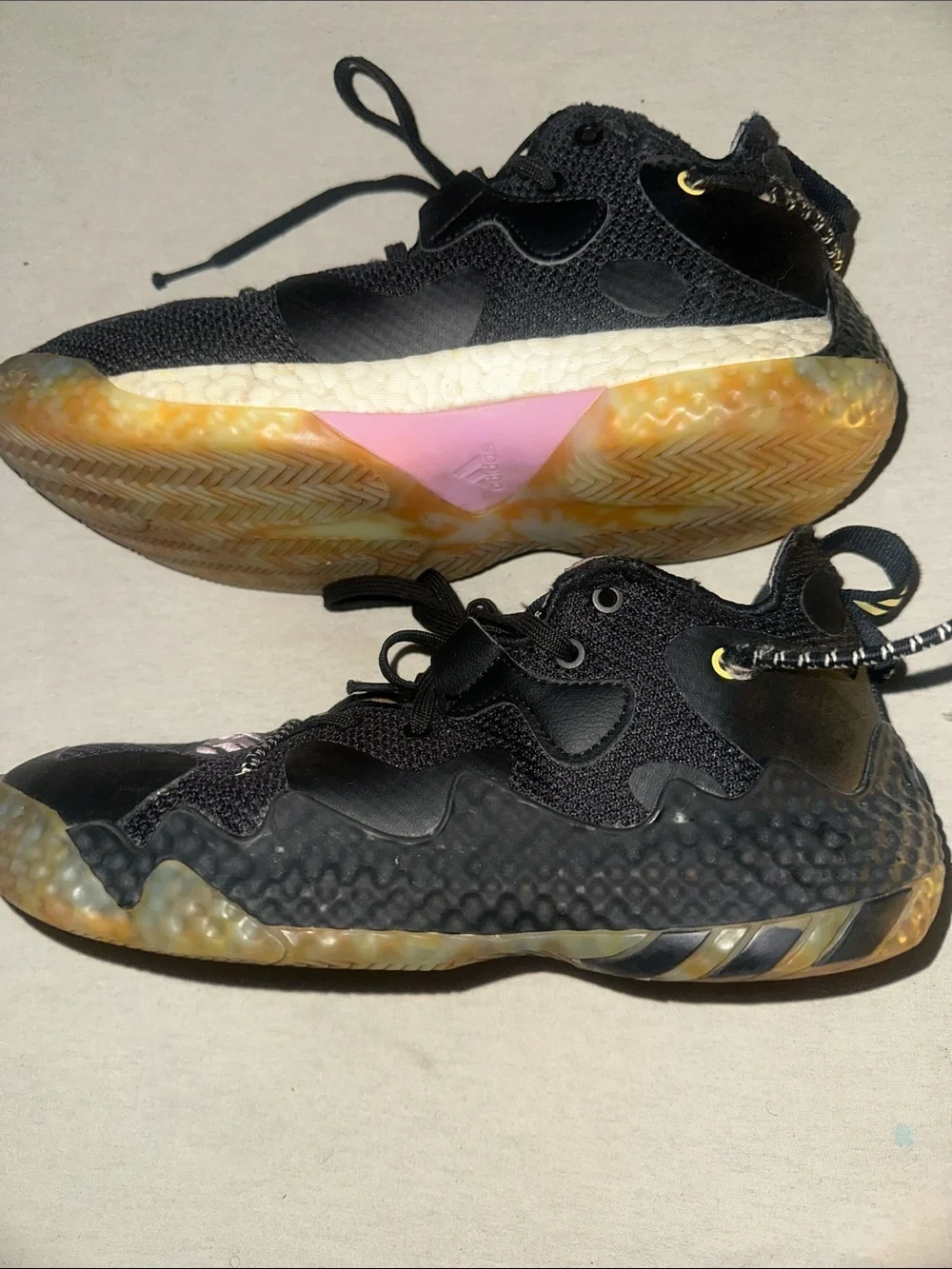 Mens Size 7 Adidas Black Sneakers with Pink Inner Accents